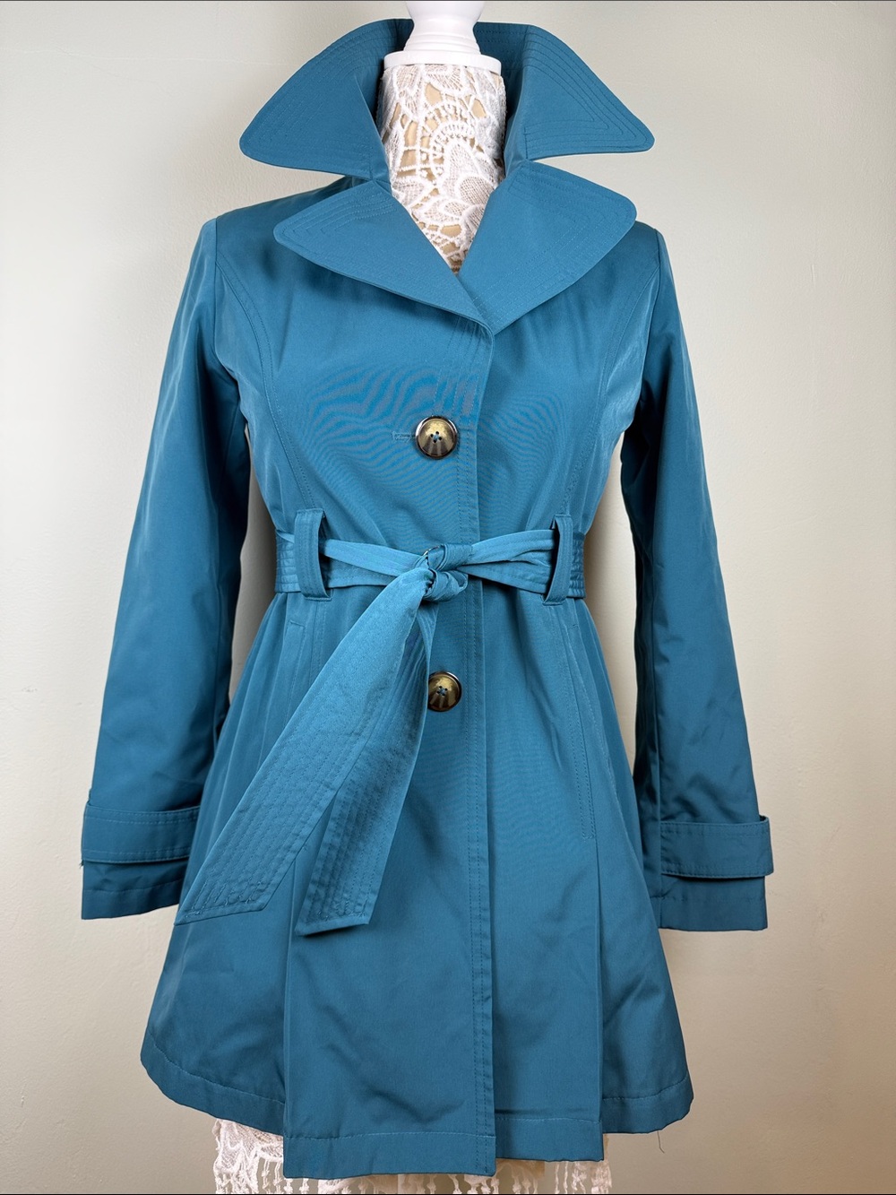 London Fog Teal Blue Classic Trench Coat Rain Jacket Petite XS PXS